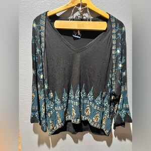 Free People Medallion Black & Gold Peasant Blouse Size S